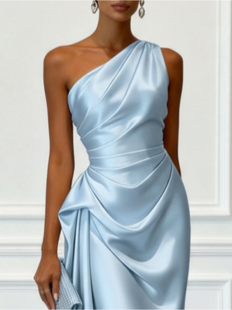 Robe midi élégante à une épaule en satin plissé pour soirée formelle ou cocktail