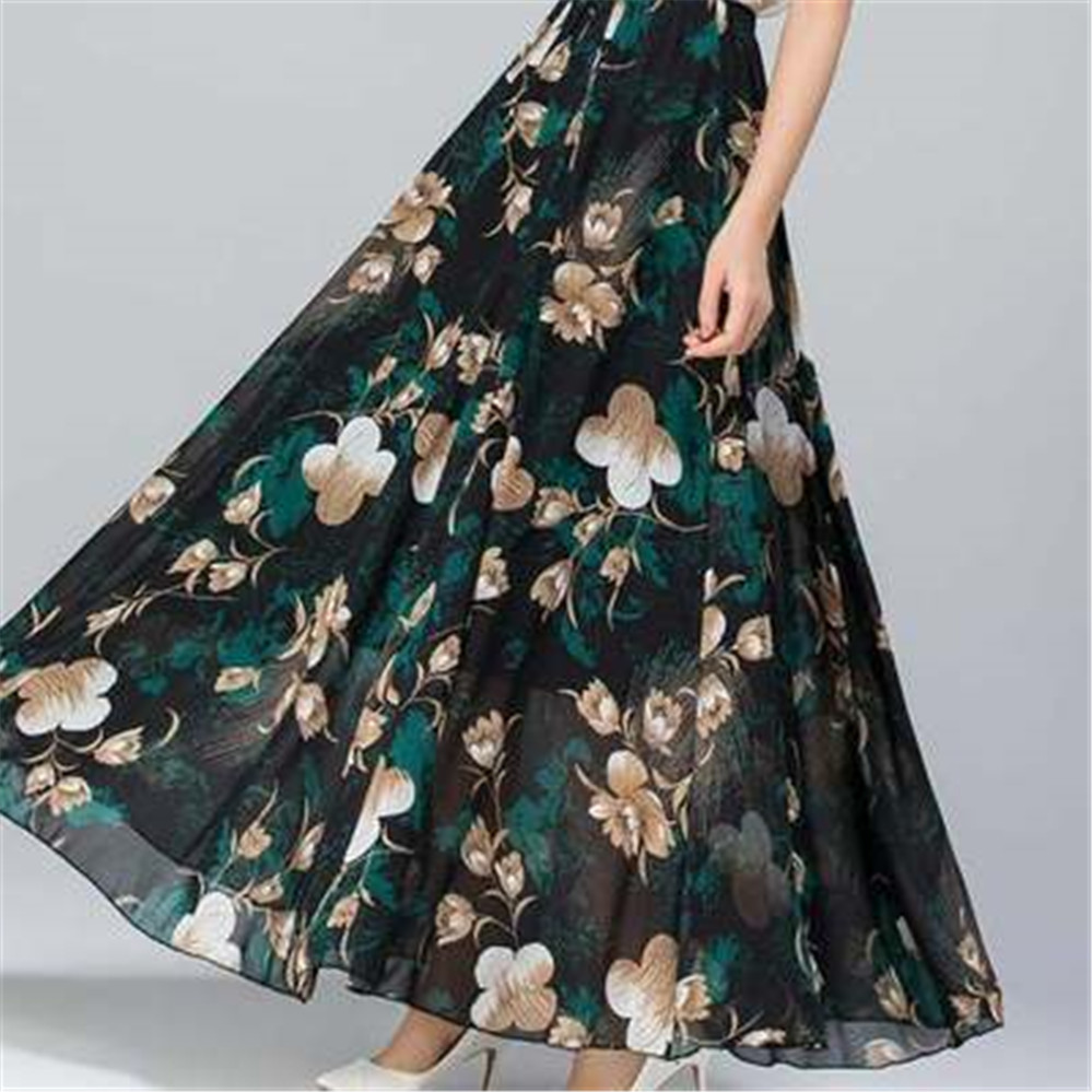 Jupe longue taille haute en mousseline de soie pour femmes, jupe d'été coréenne, jupe maxi florale dégradée, vêtements de danse élégants, vêtements de plage Boho Lady Vintage Girl