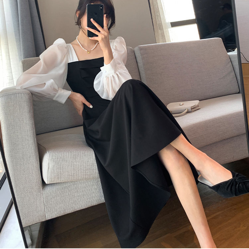 Robe noire coréenne en mousseline de soie pour femme, robe taille haute, patchwork, col carré, robe trapèze, mode élégante, bureau, été, éducatif