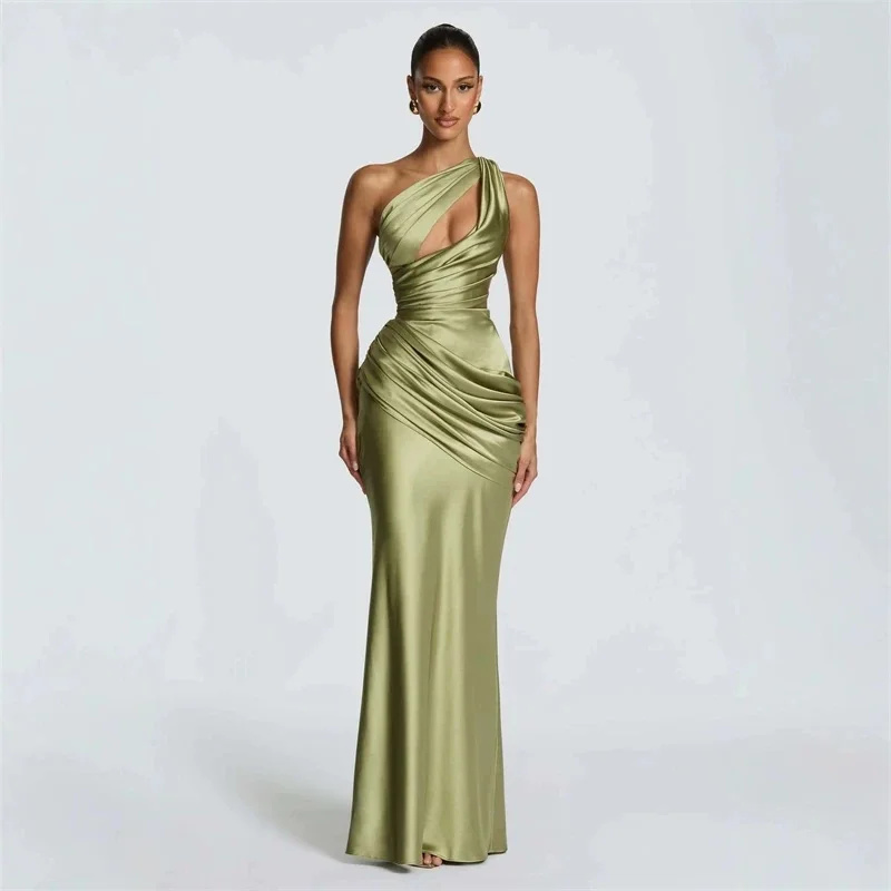 Robe de soirée sirène asymétrique en satin à une épaule, découpée, plissée à la taille, drapée, pour femme, idéale pour invitée de mariage, bal de promo, chic