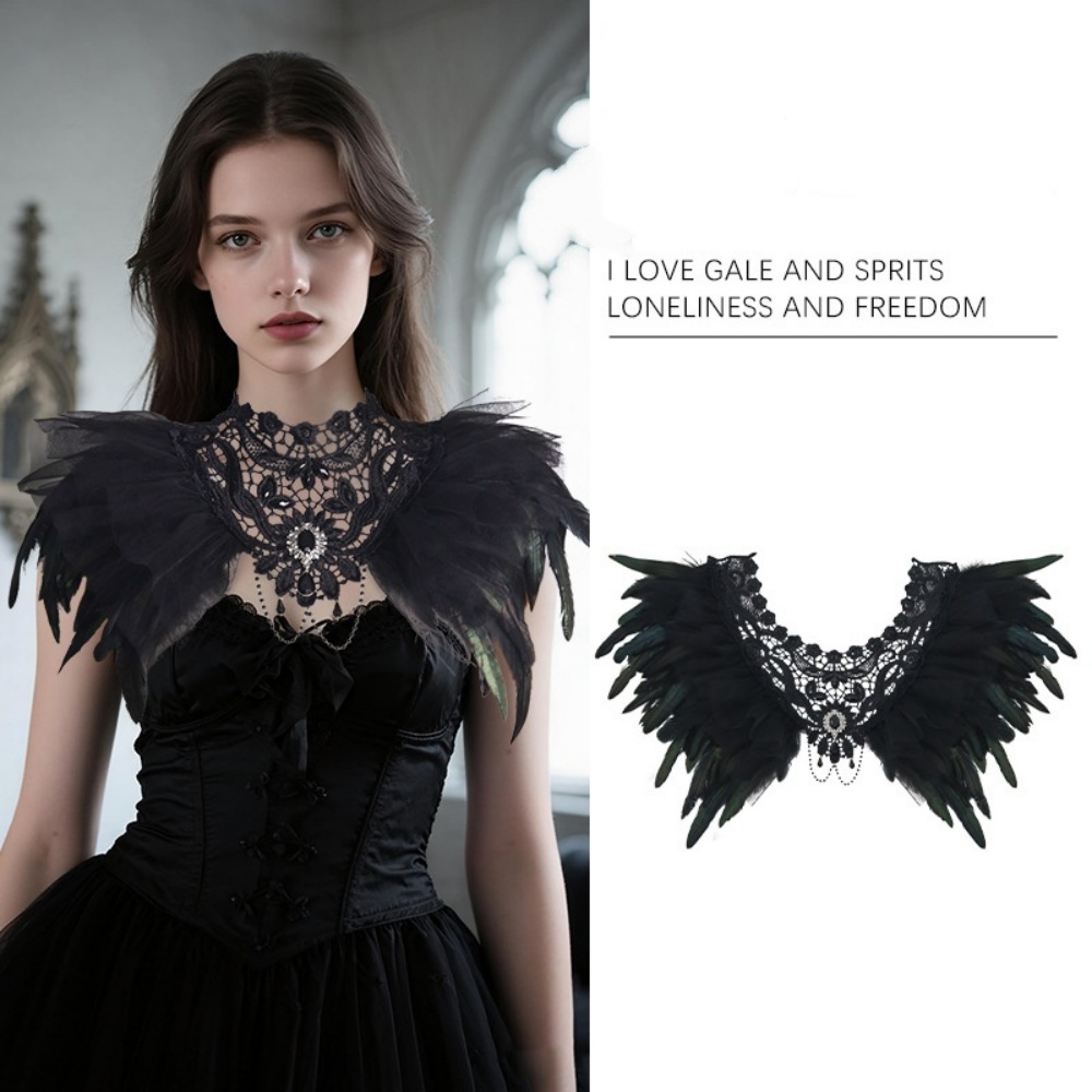 Châle gothique en dentelle brodée de plumes, cape de sorcière d'halloween, écharpe enveloppante de cou noire, Bracelet, accessoires de Costume de Cosplay d'halloween