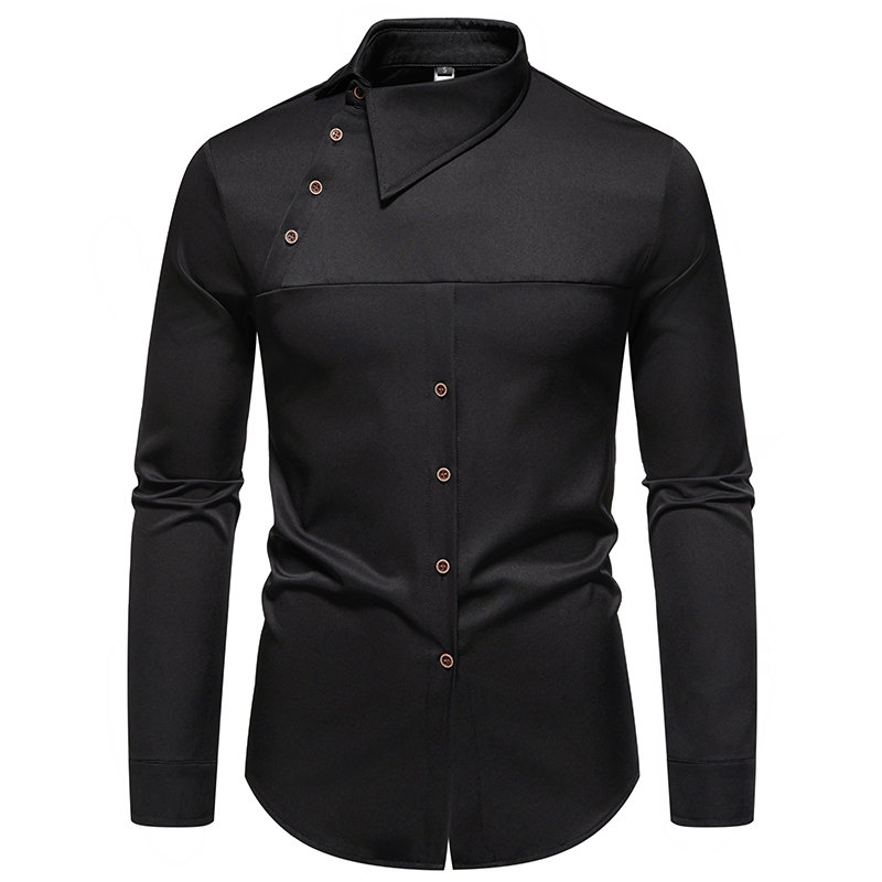 Chemise à col montant pour hommes, bouton oblique de personnalité, chemises provoqué irrégulières pour hommes, manches longues, zones de festival d'affaires, mode