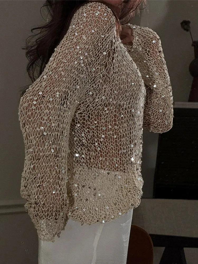Pull évidé à paillettes pour femmes, col rond élégant, haut à manches longues, pull chic pour femme, mode printemps, 2025