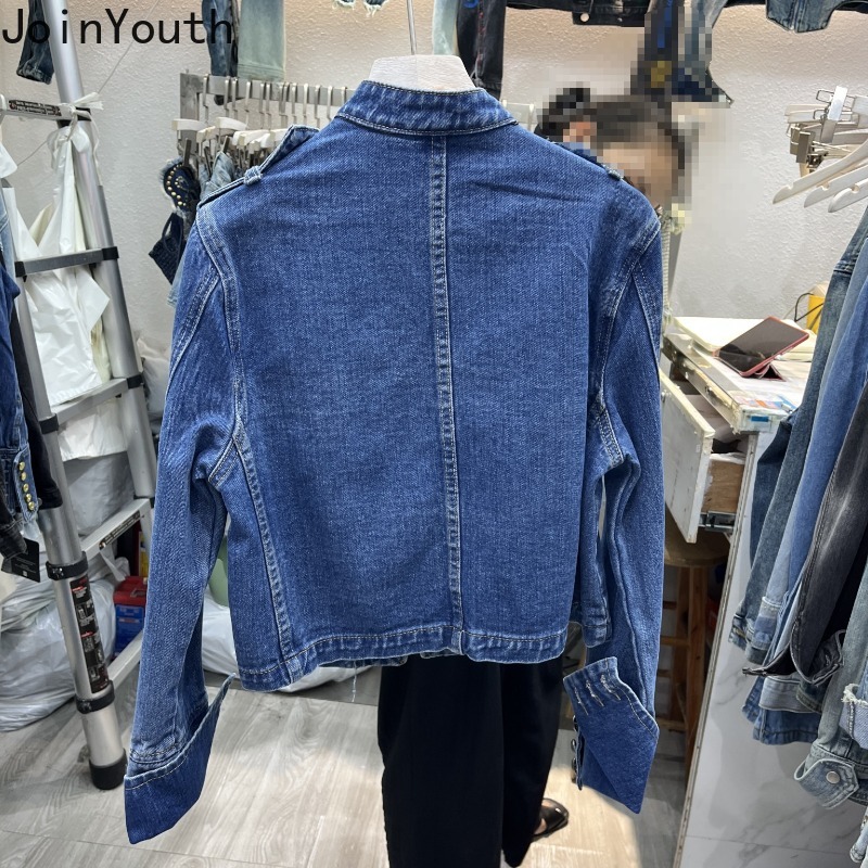 Vestes en jean pour femmes, style vintage, col montant, manches longues, coupe courte, tunique décontractée chic, style Y2K, Ropa Mujer