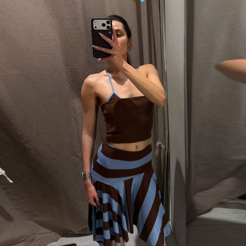 Jupe rayée pour femmes, jupe d'été asymétrique à taille haute avec volants, jupe midi bleue décontractée pour fête, streetwear pour femmes