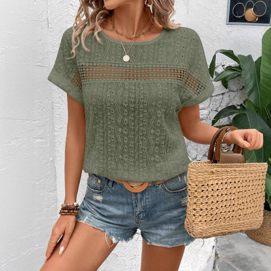Chemisier d'été pour femmes, mode élégante, manches courtes, chemises ajourées, décontracté, couleur unie, col rond, chemise ample, grande taille, vêtements 2025