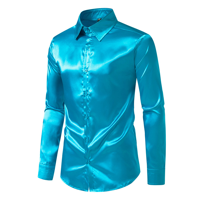 Chemise en satin à manches longues pour hommes, chemise habillée décontractée, bleu, orange, rouge, noir, blanc, jaune, fête de mariage, boîte de nuit, chemisier à la mode