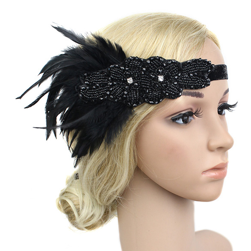 Serre-tête à plumes pour femme style Charleston des années 20, accessoires de cosplay, bandeau à strass et perles, coiffe vintage Gatsby pour fête