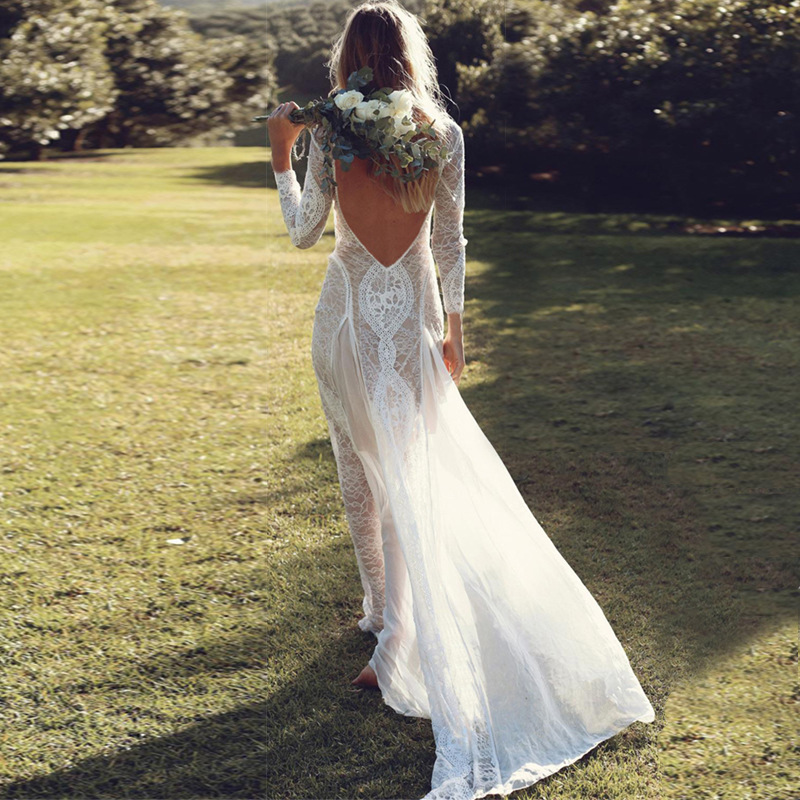 Robe longue de soirée en dentelle blanche, vintage, manches longues, longueur au sol, sexy, dos nu, maxi, été