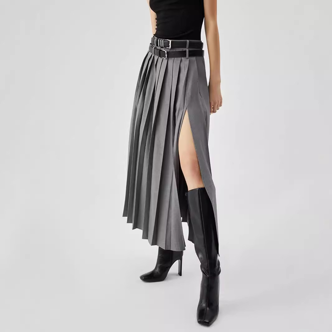 Jupes plissées pour femmes, costume gris, à la mode, taille haute, Slim, fente, jupe longue pour les déplacements, vêtements Y2k, nouvelle collection
