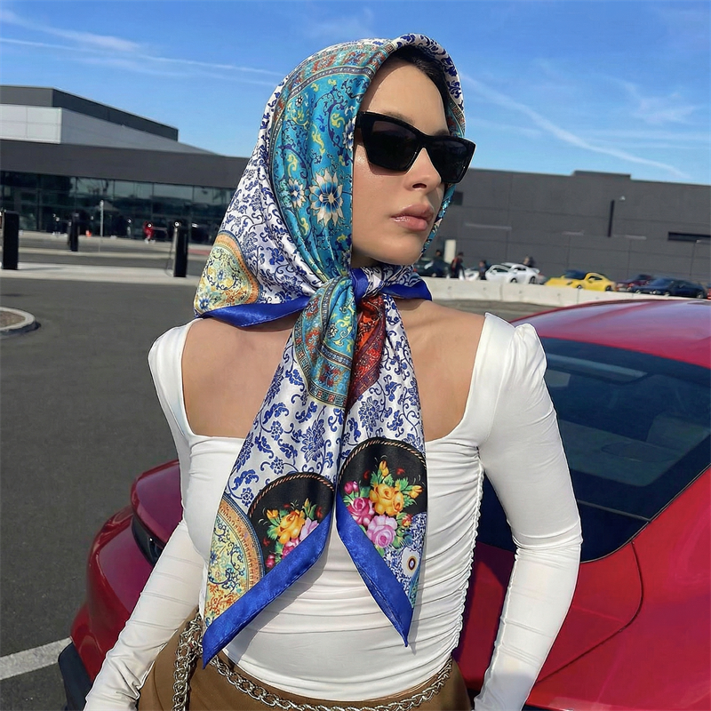Foulard carré en satin de soie pour femme, 90x90cm, printemps-été, écharpe de plage, bandana, bandeau pour cheveux