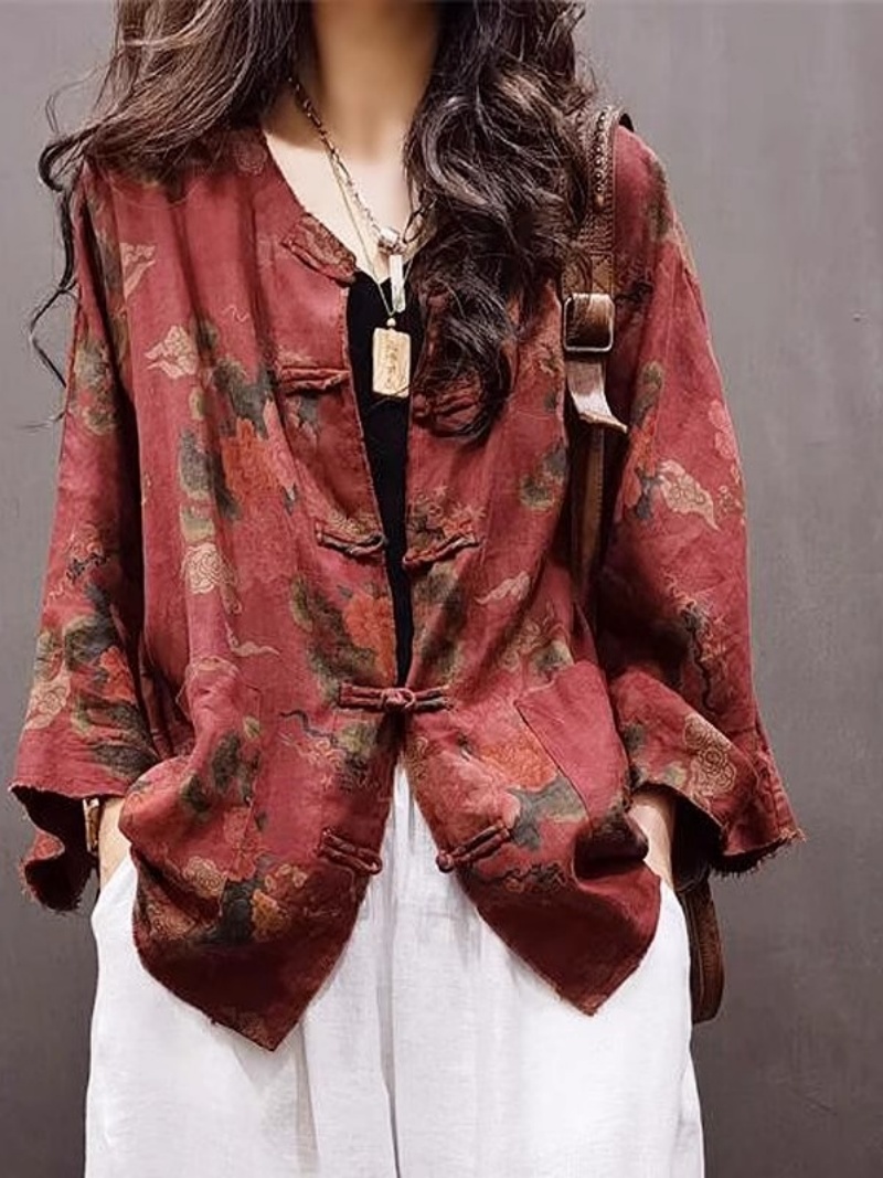 Vêtements pour femmes en coton et lin, automne 2025, Style ethnique rétro, haut en détresse, ample, imprimé, veste florale polyvalente w739