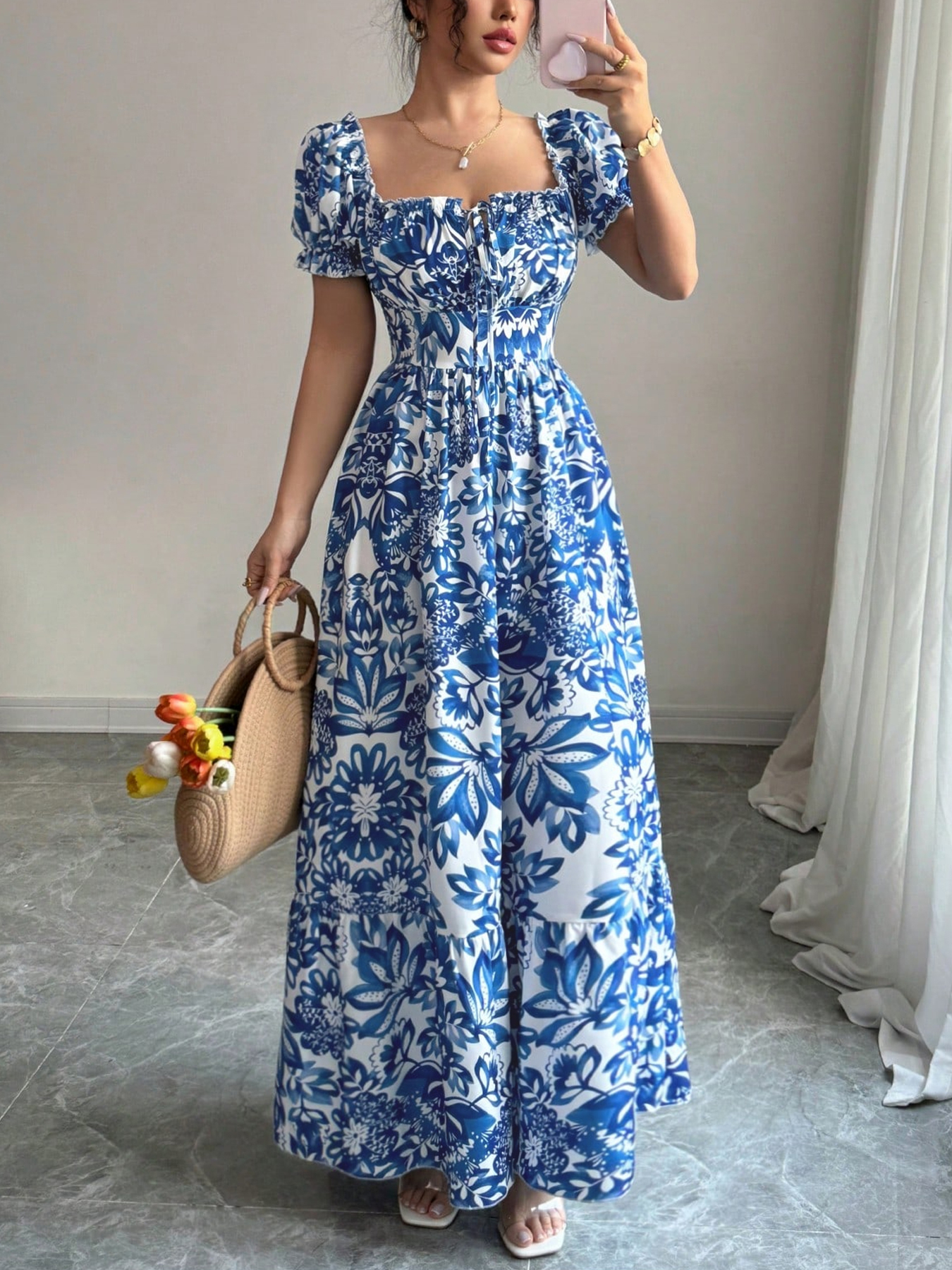 Robes décontractées pour femmes, robe à manches bouffantes à imprimé floral, robe à nouer devant, robe bohème, robe de vacances, robe de plage, robe de pique-nique, robe de soirée, robe d'été