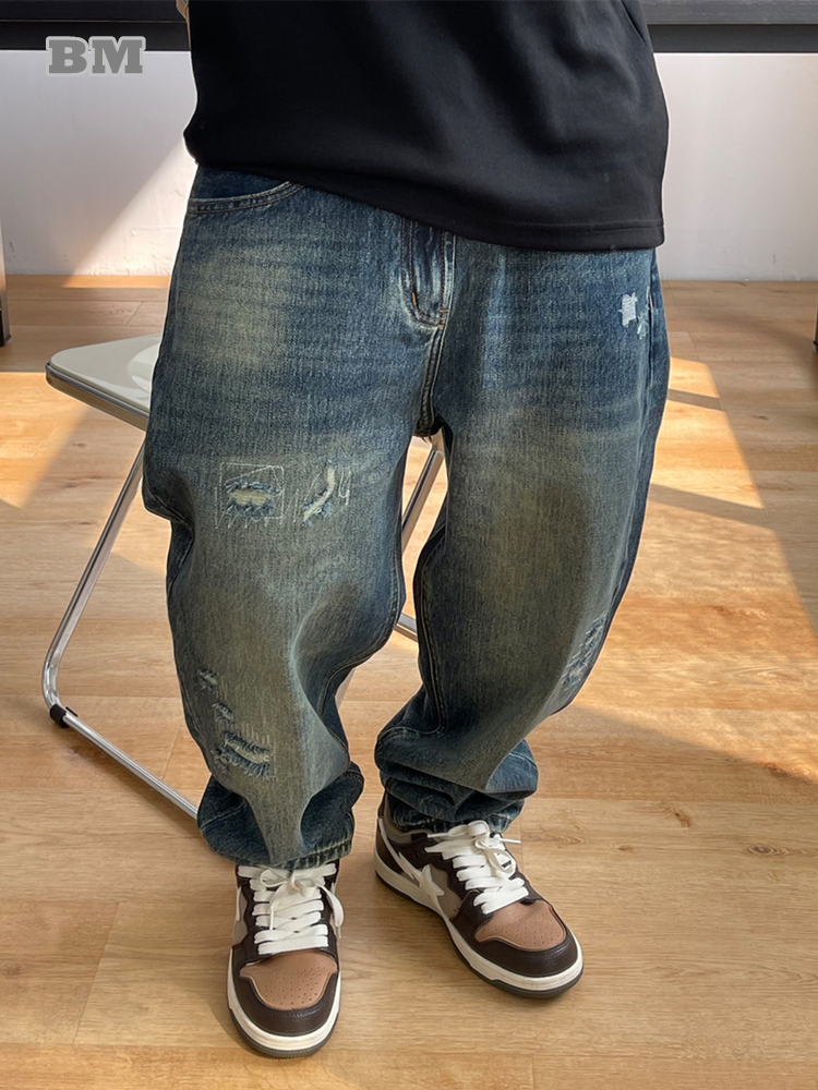 Mode coréenne déchiré Baggy jean pour hommes vêtements Vintage haute qualité Denim Cargo pantalon Harajuku décontracté pantalon en détresse