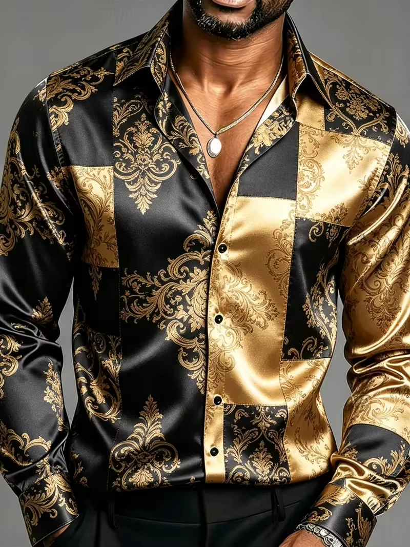 Chemises habillées pour hommes en satin de soie à manches longues, imprimé floral baroque, coupe ajustée, pour soirée, boîte de nuit, décontractées ou formelles