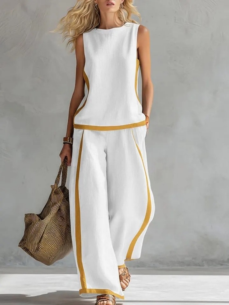 Ensemble deux pièces sans manches pour femme, pantalon large contrastant, col rond ample, poches, tenue de sport assortie pour le streetwear