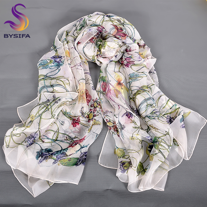 [BYSIFA] blanc 100% foulard en soie Cape mode conception florale longues écharpes femmes été Utralong plage châle hiver Scarves180*110 cm