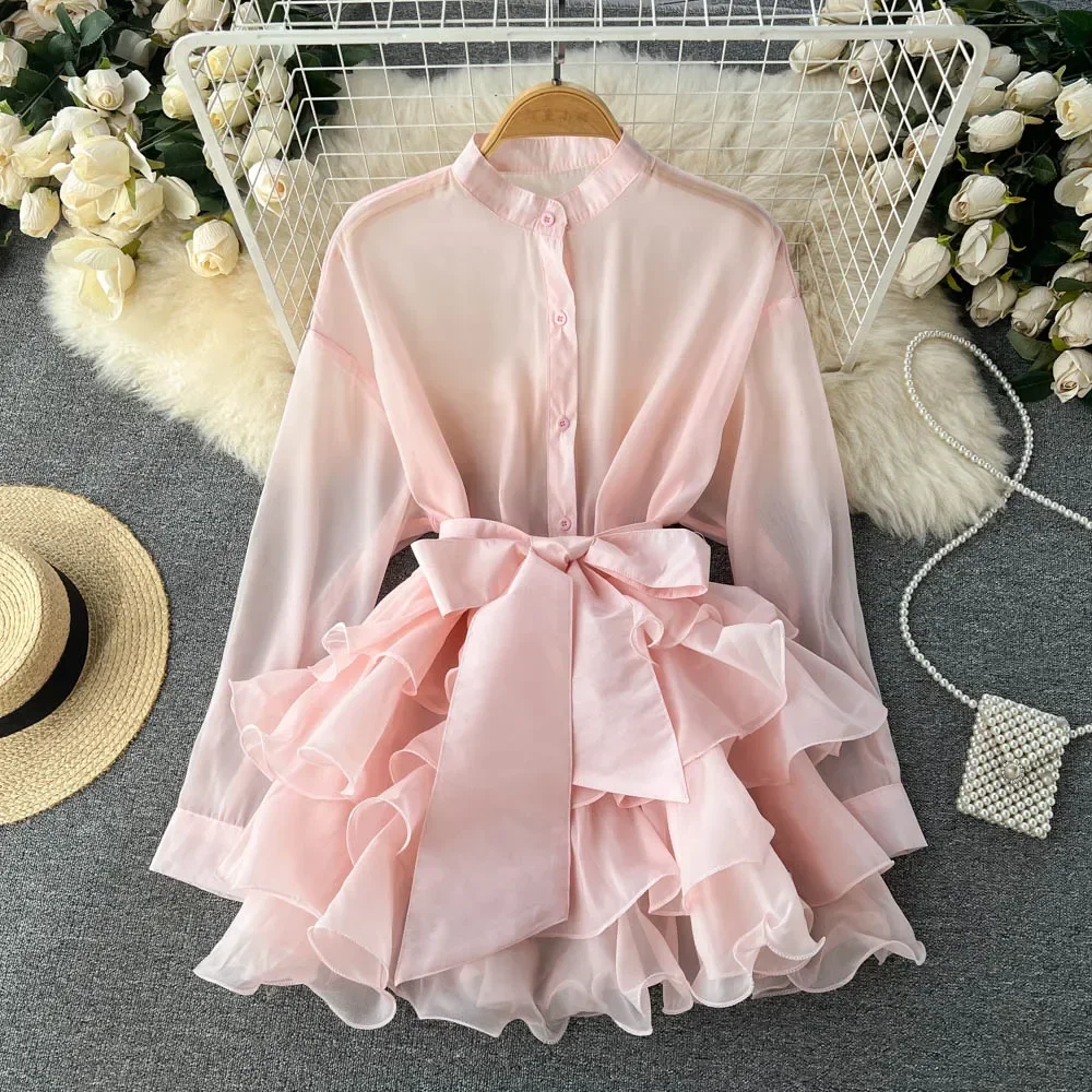 Chemise Longue en Mousseline de Soie pour Femme, Chemisier Élégant, Chic, à Manches sulf, Col Rond, Couleur Unie, Printemps
