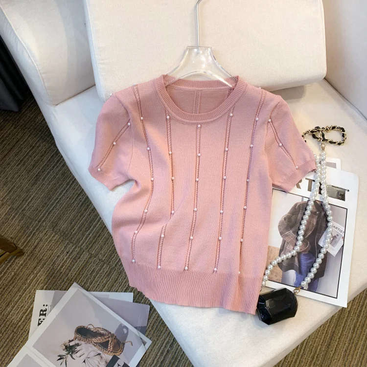 Haut en tricot ajouré à perles roses pour femmes, col rond, manches bouffantes, coupe ajustée, décontracté, élégant, style coréen, pour toutes les saisons.