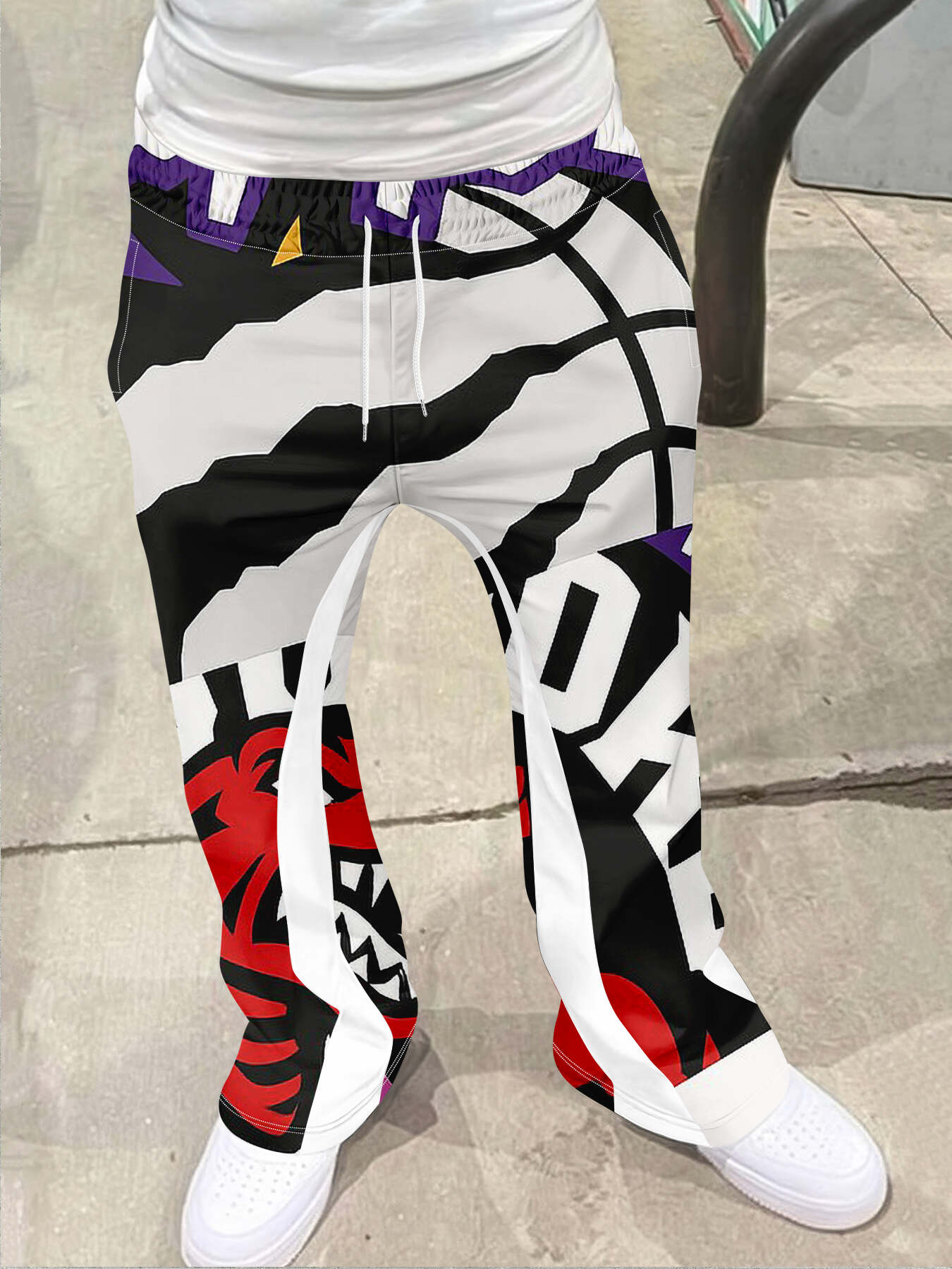 Pantalon de survêtement pour hommes, Style de rue décontracté, tendance, imprimé croisé, à la mode, légèrement évasé, noir et blanc, Design bloc de couleurs
