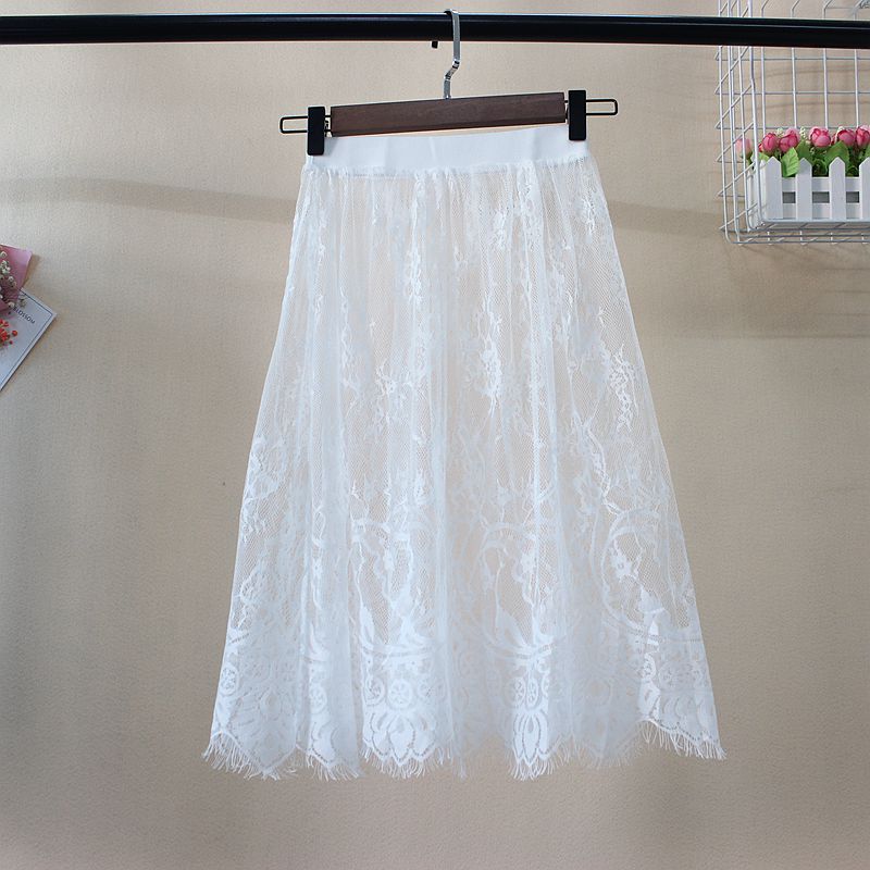 Été chaud femmes dentelle jupes mode solide décontracté maille Tulle jupe évider court crayon élégant élastique noir blanc jupe