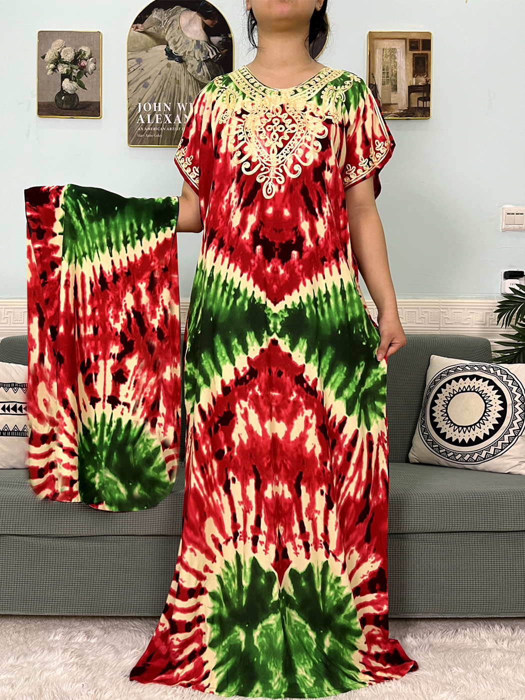 Abayas en coton musulman pour femmes, avec des Appliques imprimées, Caftan Marocain, Boubou, robes islamiques africaines avec foulard, 2024