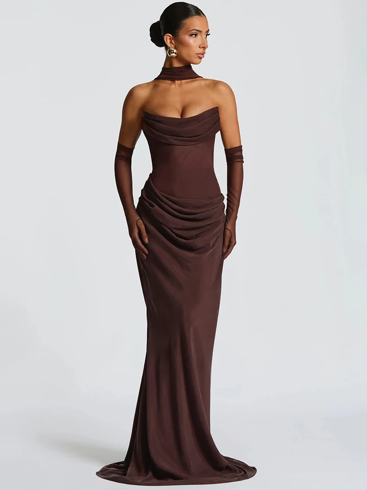 Robe Maxi Sexy pour femmes, épaules dénudées, dos nu, élégante, col écharpe, sans bretelles, sans manches, moulante, robes de soirée en boîte de nuit