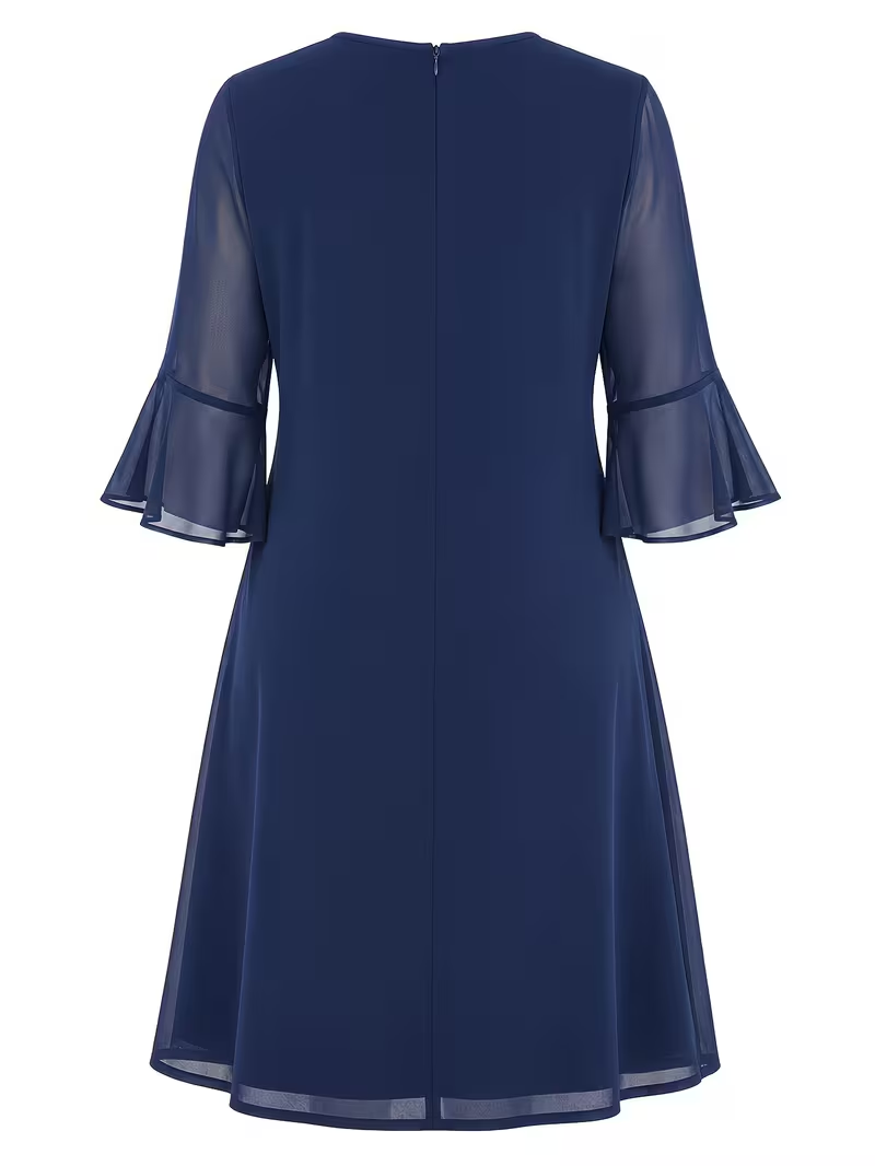 Robe de soirée pour femmes grandes tailles, col rond, manches 3/4, coupe ample et droite, longueur genou
