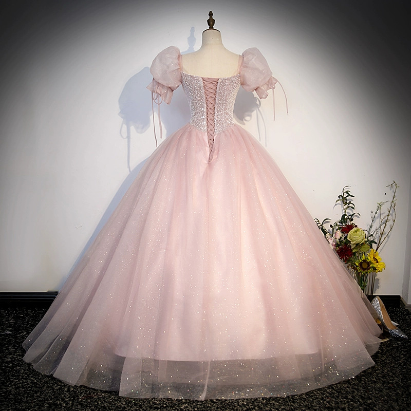 Robe de Soirée en Tulle à Paillettes et Manches Moelleuses, Tenue de Princesse, Longueur au Sol, Ligne A, Taille Haute, pour Banquet Formel, Élégante, Nouvelle Collection 2024