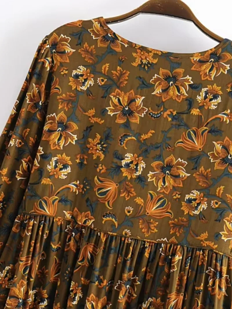 Robe maxi en coton rayonne à manches longues pour femmes, imprimé floral ethnique, robe de plage bohème, col à cravate pour dames, robe d'été vintage Boho