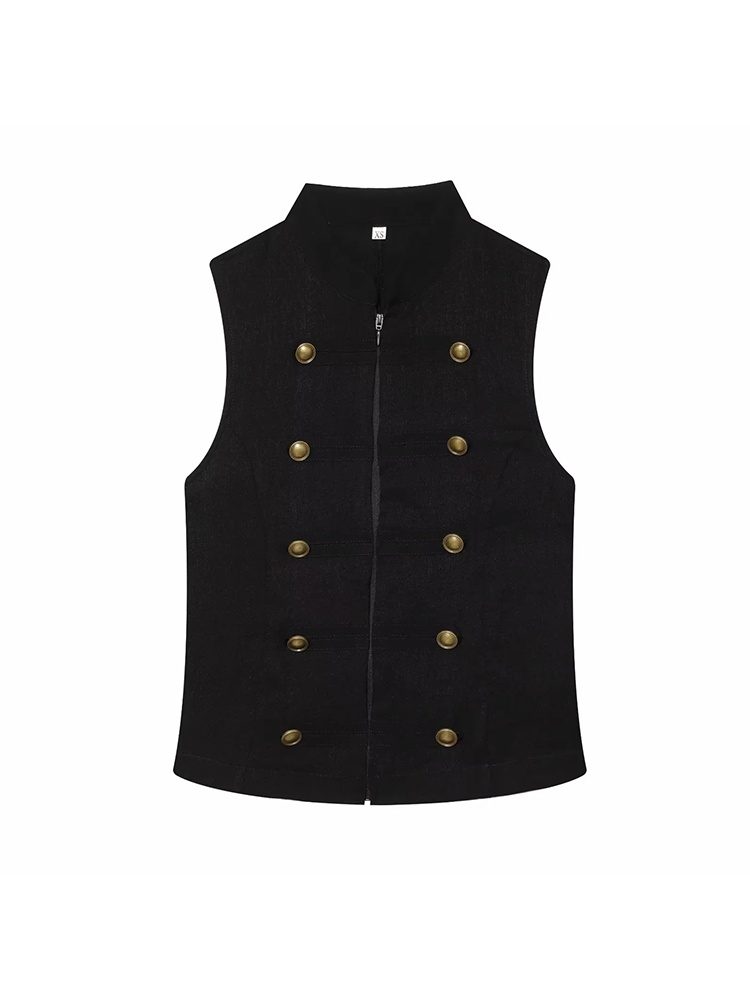 Blouse Chic Décontractée Vintage pour Femme, Col Rond, Double Boutonnage, Sans Manches, Tendance Été, Hauts de Vacances