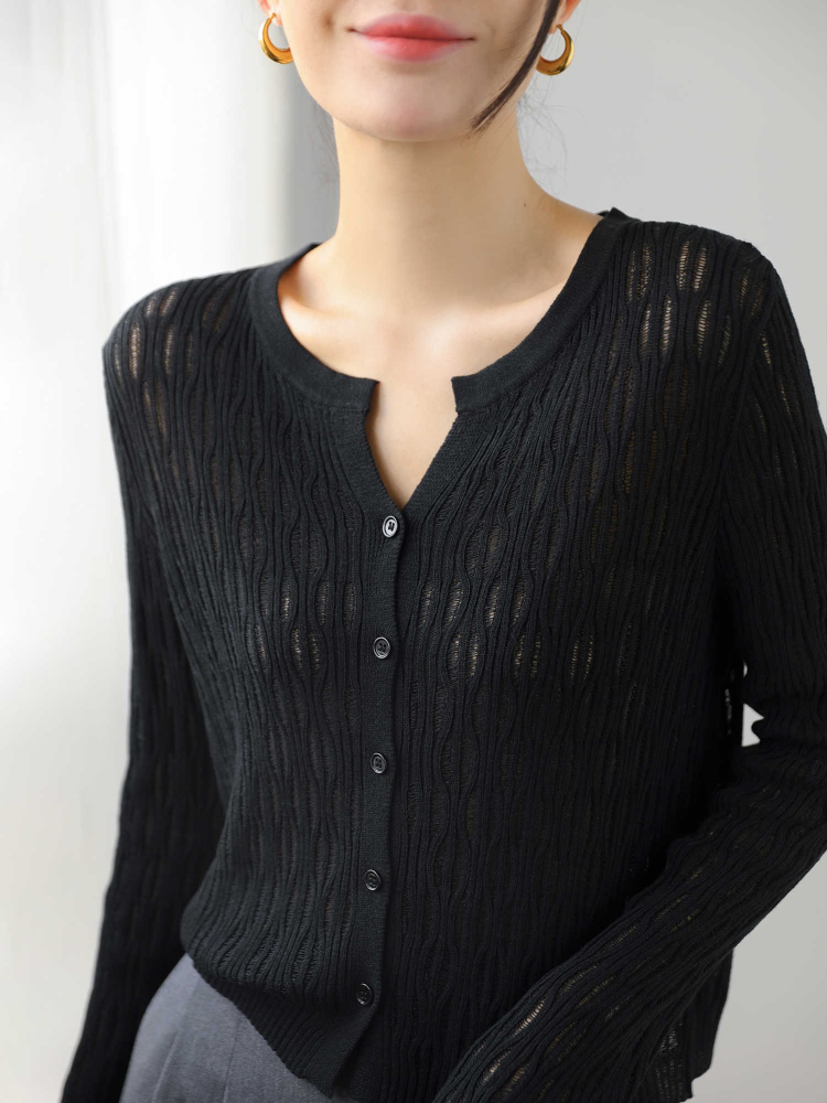 Cardigan en tricot à col rond et manches longues, style festonné, en lin et soie glacée ajouré, couleur unie, pour femme, Nouvelle collection Printemps-Été 2026