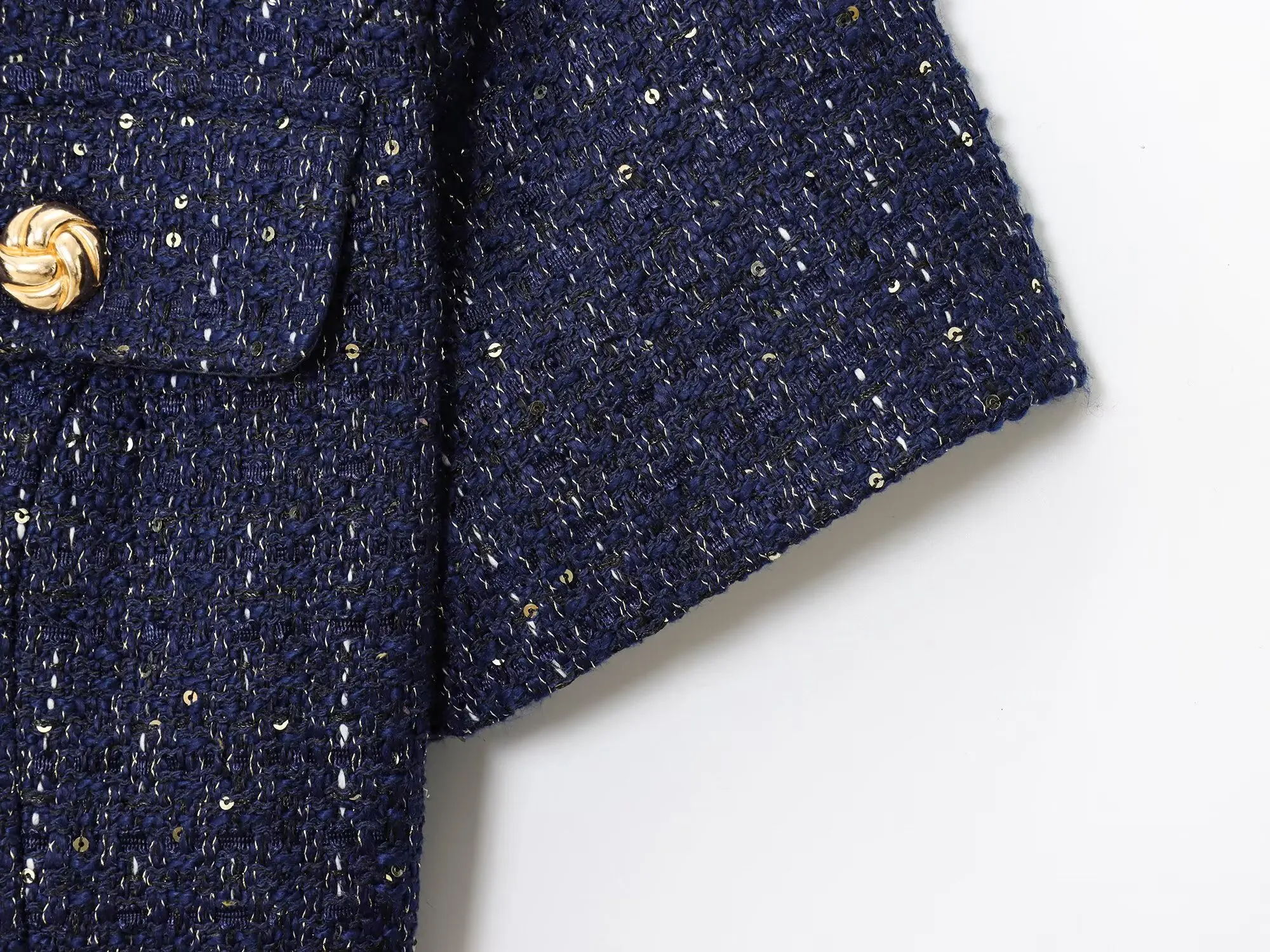 Femmes 2025 mode bleu Tweed Blazer manteau avec ceinture femme à manches courtes vêtements d'extérieur