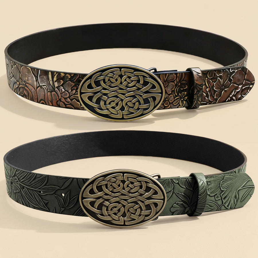 Ceinture à boucle nœud celtique bicolore gaufrée unisexe vintage, accessoire décoratif rétro vieilli