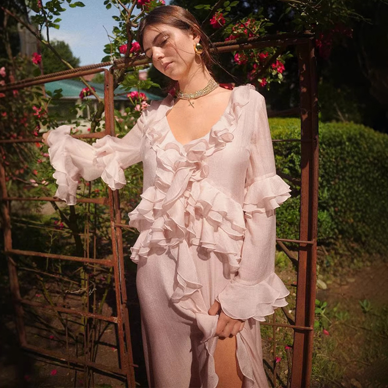 Typhaland – robe longue élégante à volants pour femmes, col en V irrégulier, manches longues, en maille, à la mode, pour vacances d'été, robe de soirée