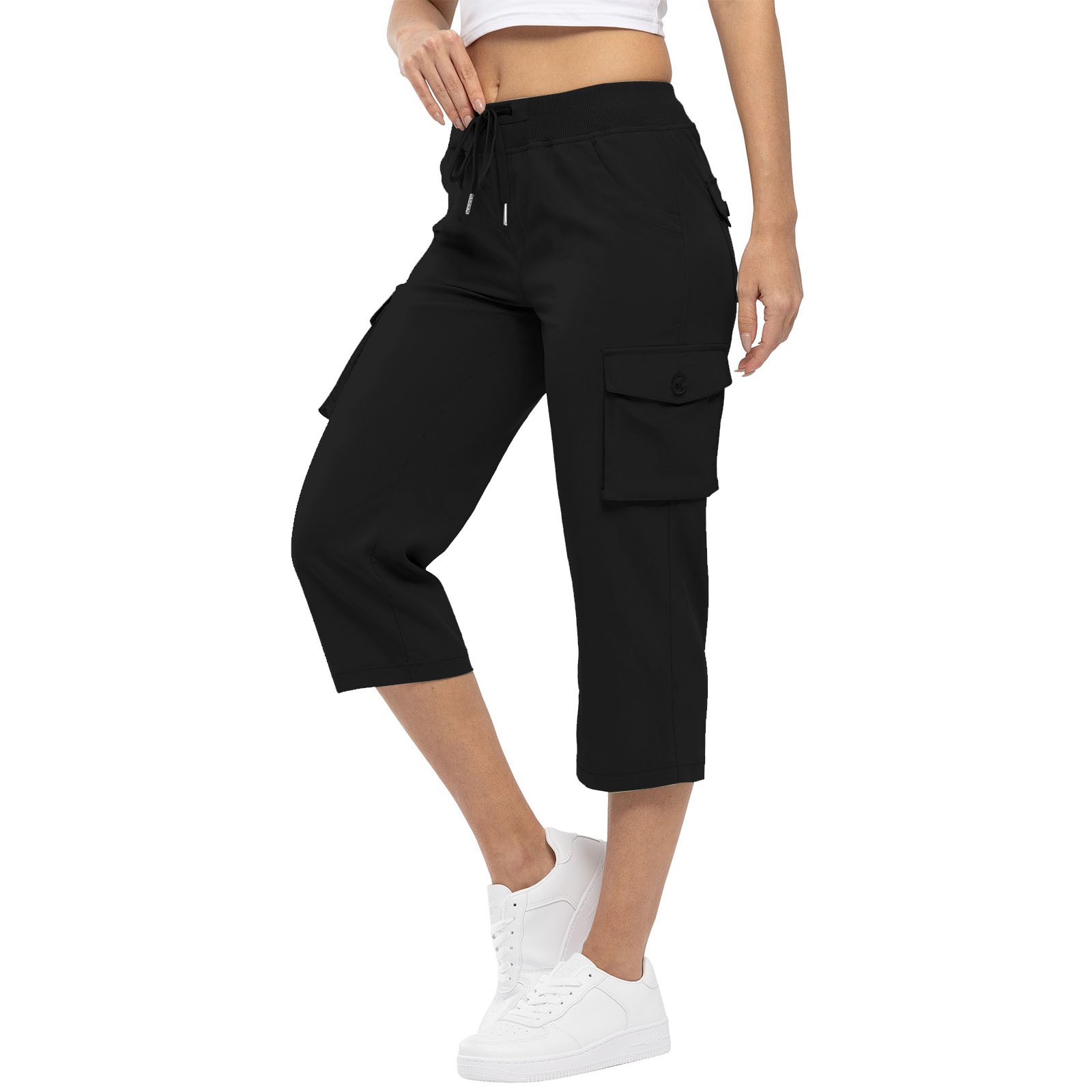 Pantalon skinny taille haute pour femme, pantalon au genou, design de poche, Wstring de proximité à revers, décontracté, uni, mode estivale, 2024