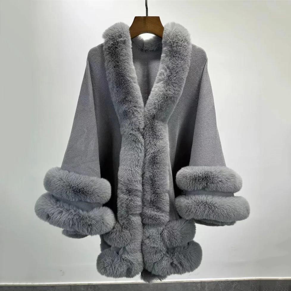 Cape de luxe pour femme, 5 couleurs, automne-hiver, épaisse et chaude, avec 2 cercles en fausse fourrure de lapin, idéale pour mariage
