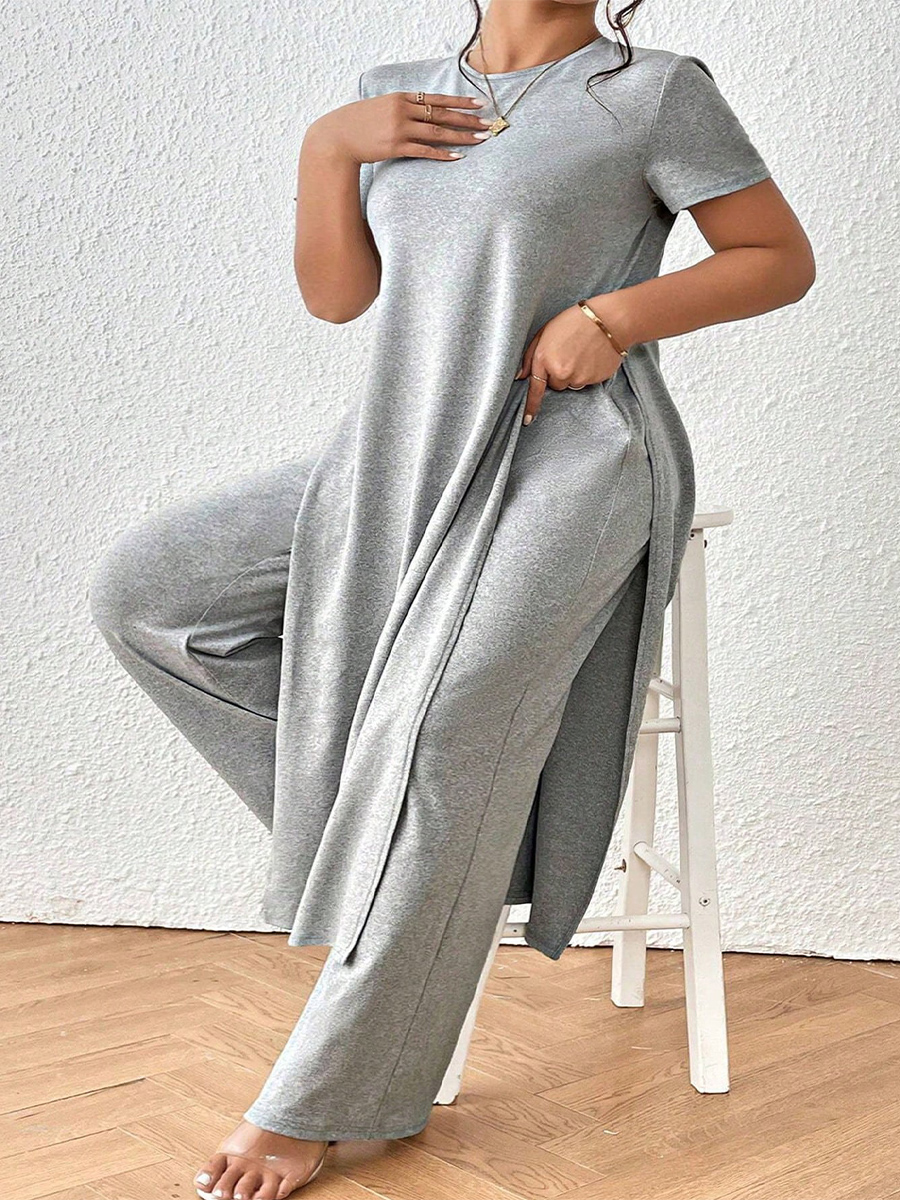 Costume de travail élégant grande taille printemps-été, pull ample à taille décontractée, col rond, manches courtes, couleur unie