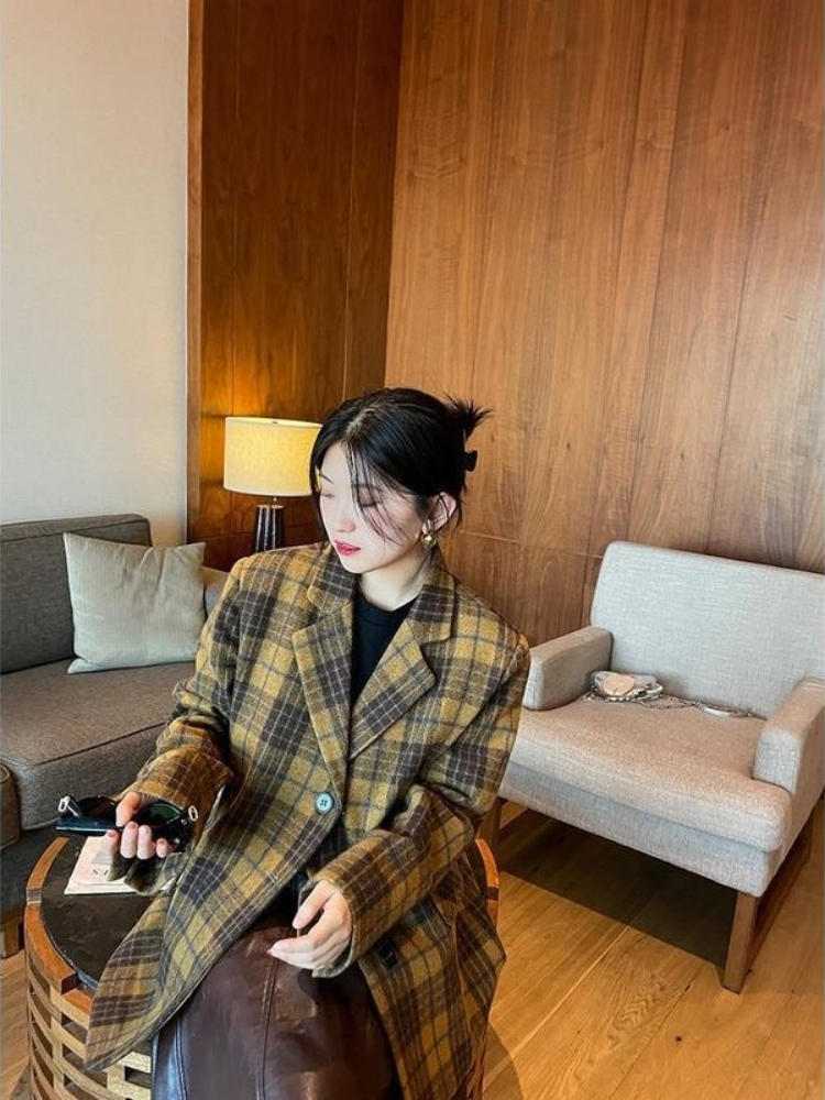 Manteau en laine à carreaux mi-long pour femme, veste chaude de Style coréen, veste à carreaux jaune et marron tendance, automne-hiver 2025