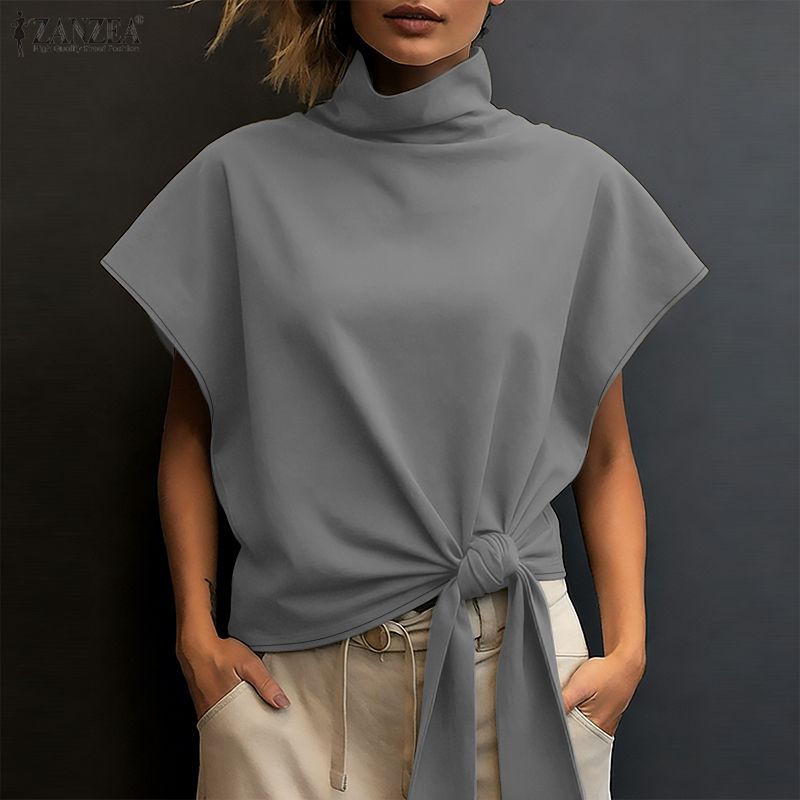 Chemisier d'été tendance 2026 ZANZEA – Chemise unie de bureau pour femme, col roulé, manches courtes, Blusas élégantes, hauts de vacances asymétriques à lacets