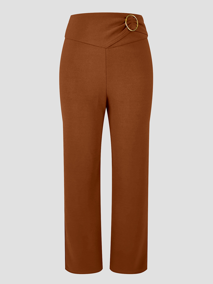 Pantalon large à taille haute pour femmes, style vintage, couleur marron unie, élégant, pour le bureau, avec anneau métallique, pantalon long décontracté pour l'automne.