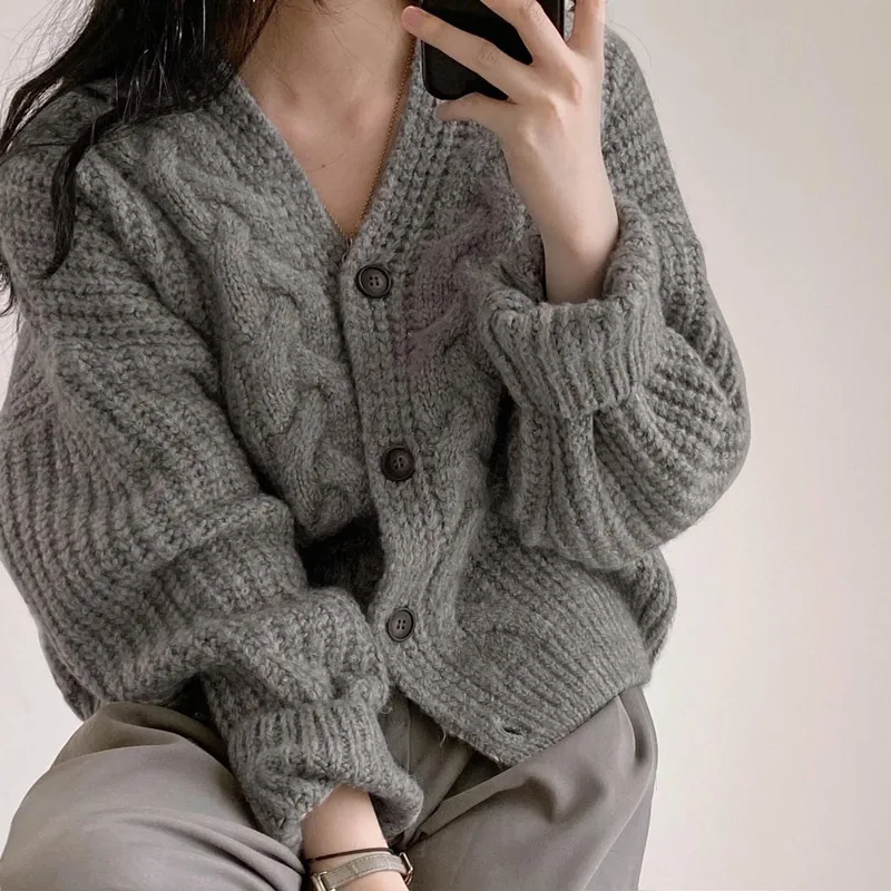 Mode hiver chaud à manches longues femmes v-nek lâche Cardigan pull automne élégant couleur unie décontracté haut tricoté