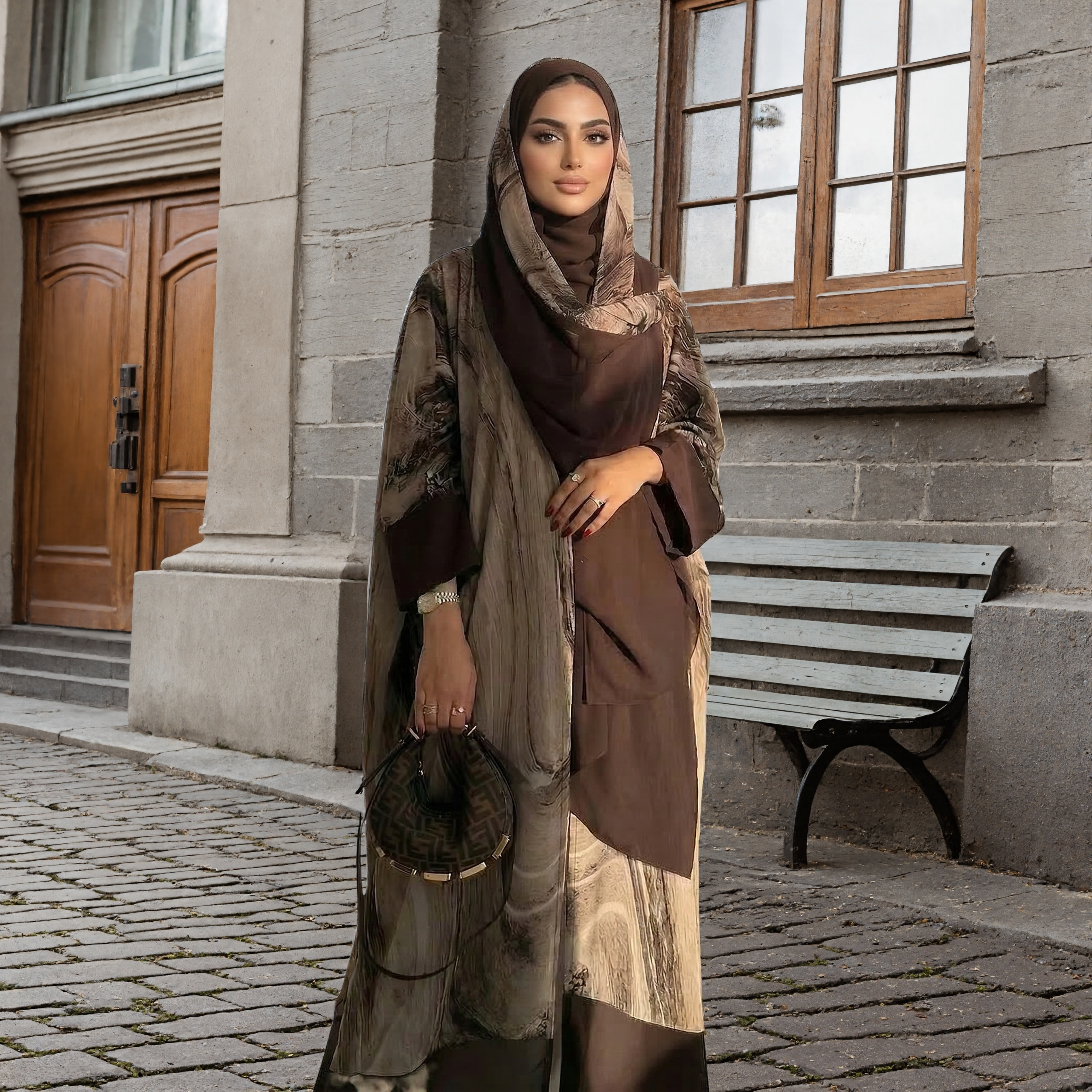 Ensemble Abaya en Chiffon Imprimé 2 pièces |   Kaftan long décontracté pour femmes musulmanes, à col ouvert, avec hijab assorti