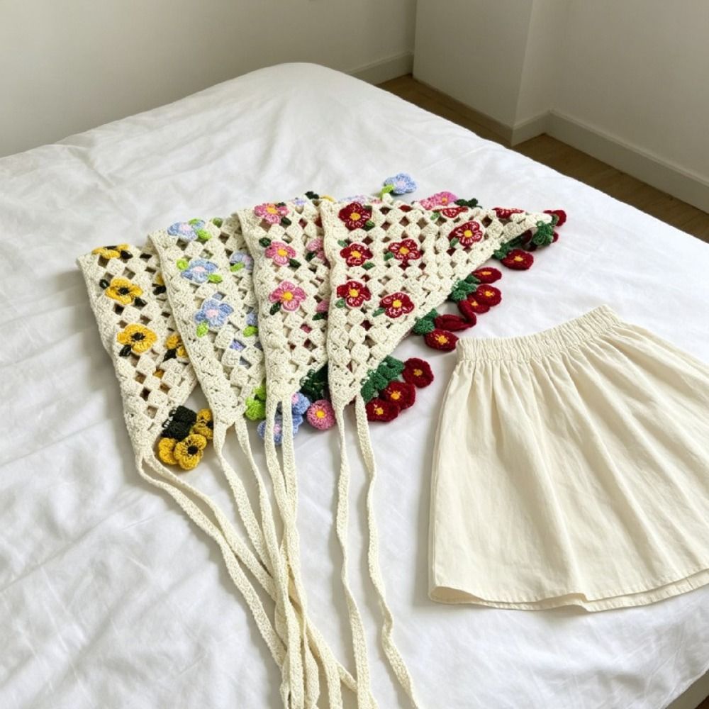 Serre-tête tricoté à motif floral doux, style champêtre, foulard pour cheveux femme, turban triangulaire bohème français, voyage