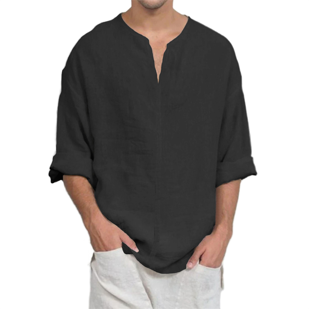 T-shirt à manches longues et col en v pour hommes, en coton et lin, décontracté, couleur unie, léger, respirant, confortable, à la mode