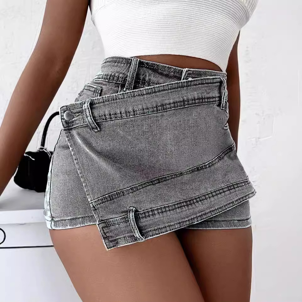 Jupe-short en jean délavé vintage pour femme, taille haute, design asymétrique, mini-jupe avec short intégré pour tenues quotidiennes