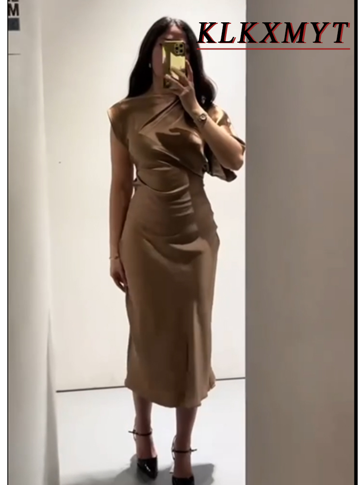 Robe de soirée asymétrique en satin de soie pour femme, robe de soirée sexy à épaules dénudées, printemps été ﻿   Robe élégante