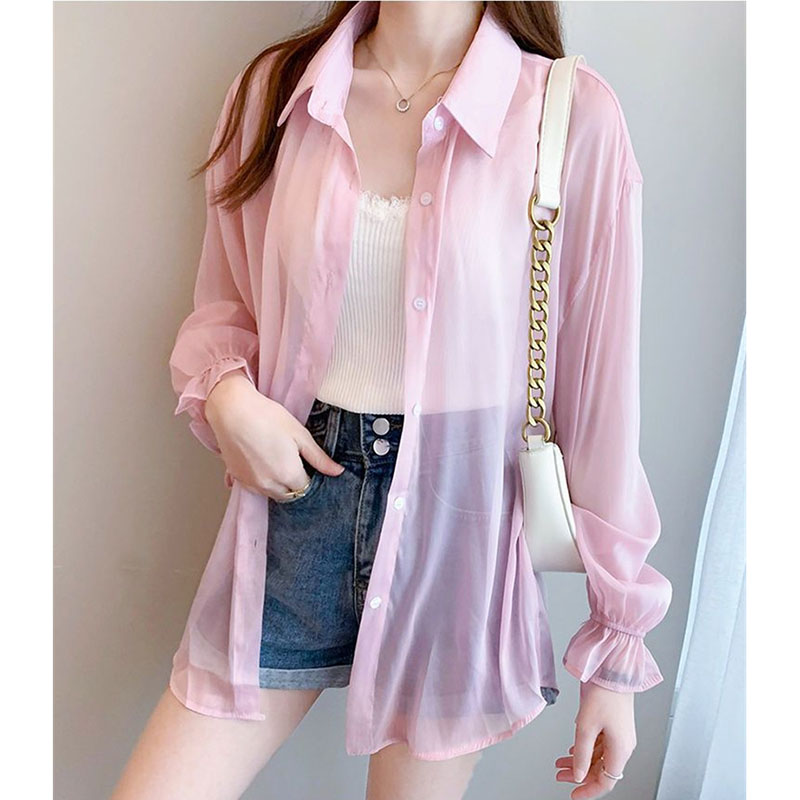 Chemises fines en mousseline de soie pour femmes, Perspective d'été, chemise de soleil coréenne solide, manches longues, mode coréenne pour dames, nouveaux vêtements de protection solaire