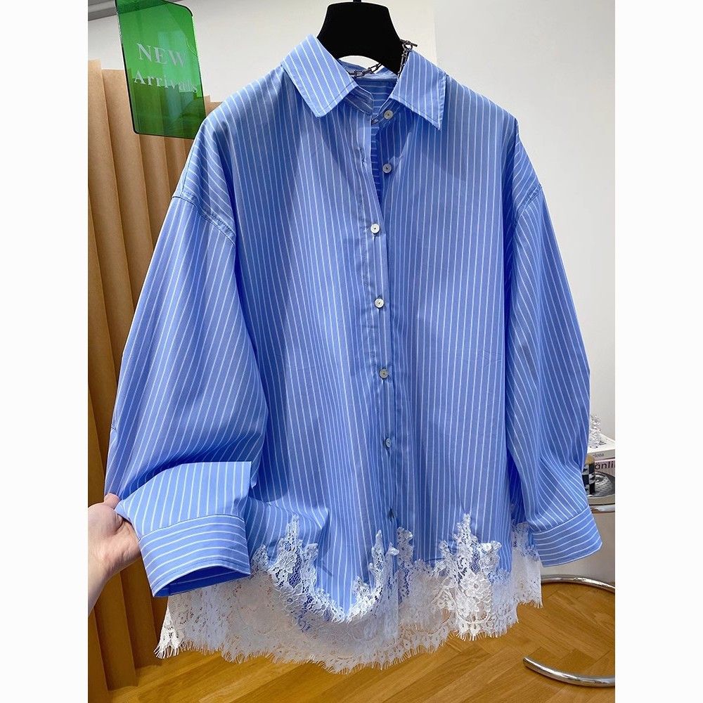 Dentelle Patchwork à manches longues bleu rayé chemise Blusas Femininas Elegantes chemises et chemisiers Camisas De Mujer été