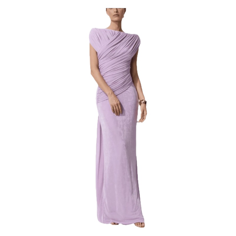 Robe de soirée plissée élégante et amincissante, mode transfrontalière, vêtements féminins, taille haute, épaules dénudées, longue robe en polyester